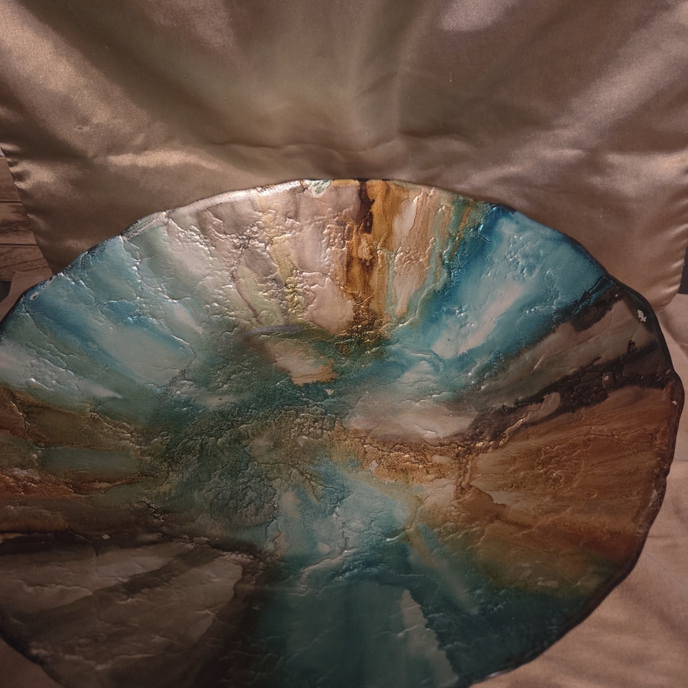 Stunning Large Multicolored Art Glass Bowl Blue, Brown,& White Swirl Centerpiece - Picture 4 of 15